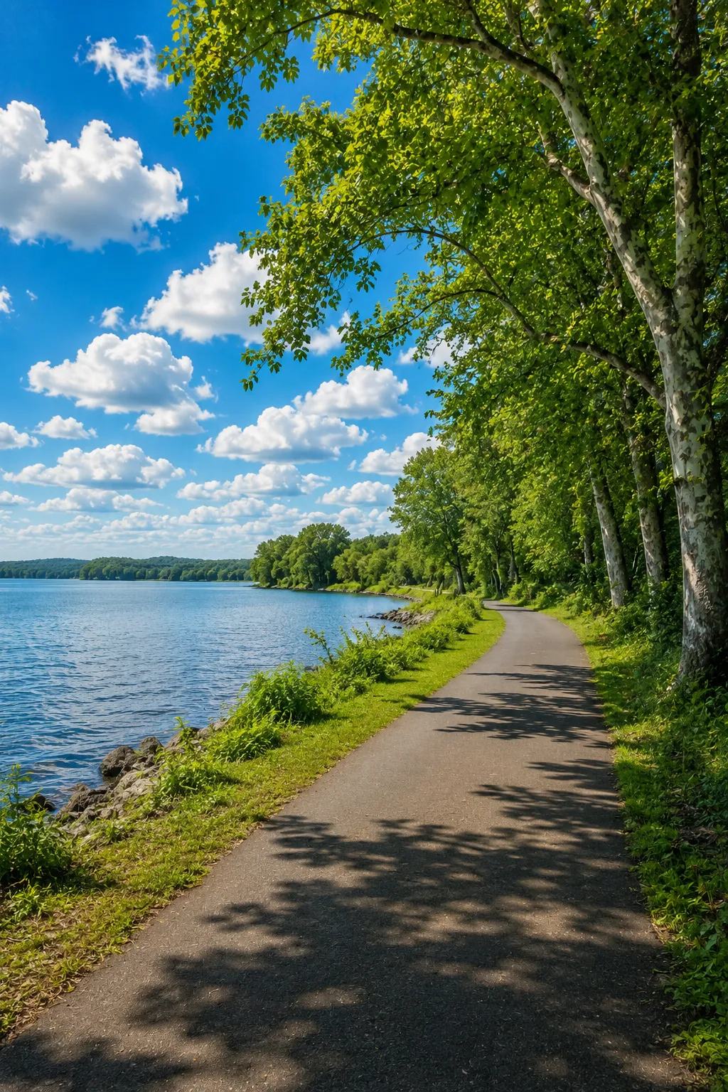 Creve Coeur Lake walking path on a bright September day for gathering the graces of the pilgrimage