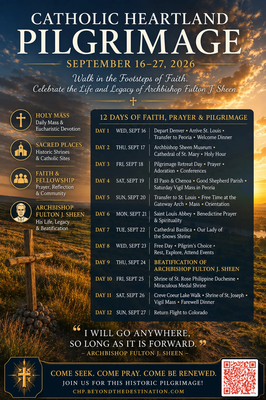 Illustrated day-by-day overview of the twelve-day Catholic Heartland Pilgrimage